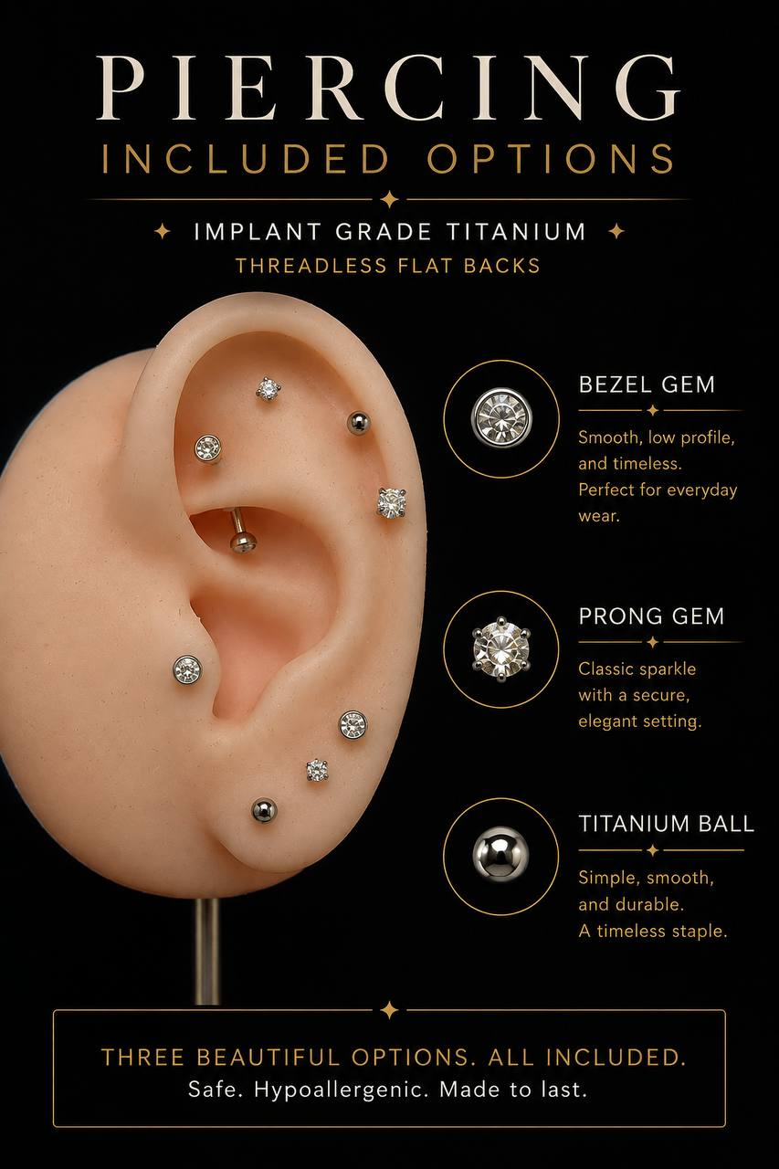 Inline jewelry options included with each piercing: bezel gem, prong gem, and titanium ball - all implant-grade titanium with threadless flat backs